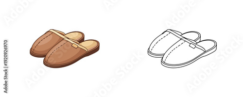 Cozy home slippers in brown color and linear outline version represents comfortable footwear for indoor relaxation or hotel accessory on white background
