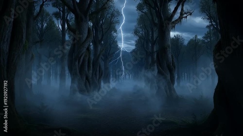 Mysterious eerie forest with lightning strike illuminating the path ahead through the fog