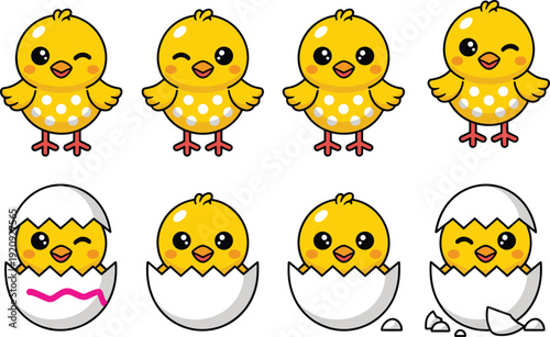 Cute chick cartoon character set with hatching egg poses kawaii baby chicken vector illustration collection isolated