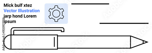 Ballpoint pen with a clip, gear icon, and placeholder text. Ideal for stationery, design, innovation, engineering, education, creativity technical diagrams and simple landing page