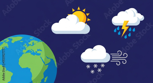 World Meteorological Day Diverse weather conditions illustrated around a globe, depicting a range of meteorological phenomena