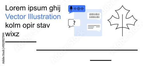Artificial intelligence, speech recognition, digital interaction, information technology, binary code, and nature symbols. Abstract icons include a microphone, texts binary and a maple leaf. AI