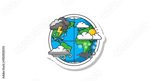 World Meteorological Day Illustration of the Earth with various weather conditions depicted on its surface, including storms, sunshine, and wind