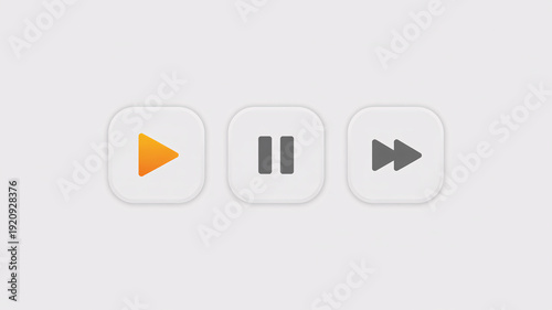 Neumorphic media player control buttons including play, pause, and fast forward icons on a light background.