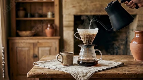 Hand pouring hot water from a gooseneck kettle into a drip coffee maker, brewing fresh coffee on a rustic wooden table for a morning ritual.