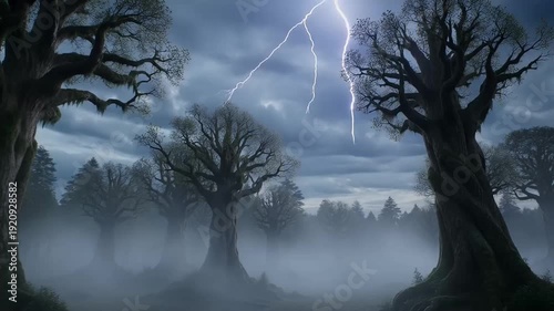 Dramatic stormy landscape with lightning striking through a misty and imposing forest