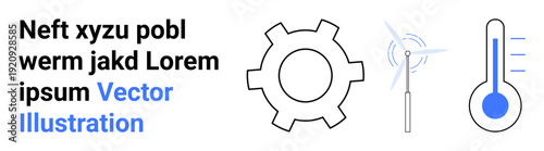 Gear for industry, wind turbine for renewable energy, and thermometer for measurement and climate. Ideal for energy, engineering, technology, environment, innovation, science simple landing page