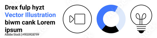 Business planning, innovation, media, data visualization, digital marketing, creative concepts. Video camera, pie chart light bulb icons on a white background. Innovation and media