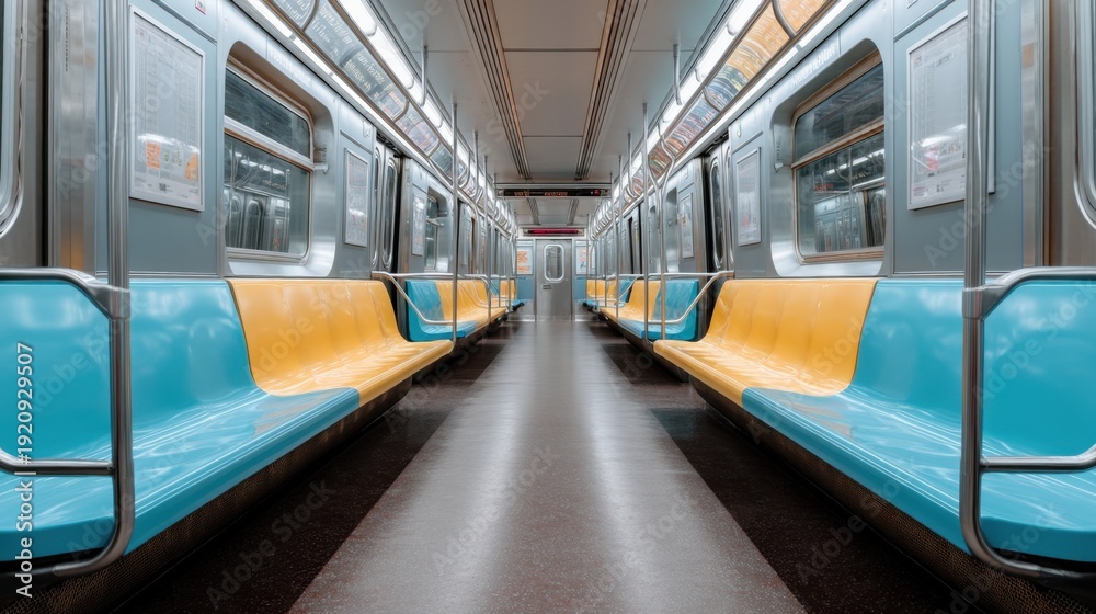 Obraz premium Interior view of an empty subway train with bright seating and clean lines, featuring a modern public transportation environment at rush hour