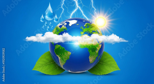 World Meteorological Day Abstract representation of Earth with clouds, sun, rain, lightning, and green leaves symbolizing environmental awareness and sustainability