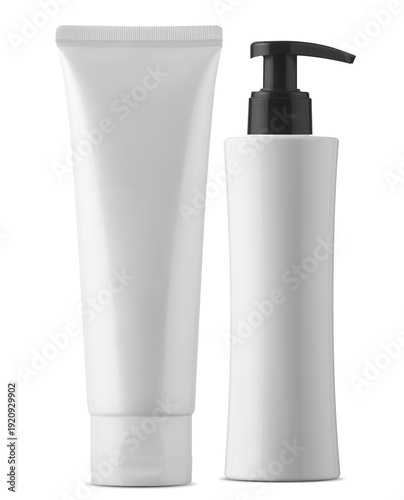 Blank cosmetic packaging mockup with tube and pump bottle isolated on white background