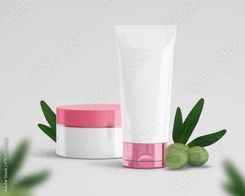 Cosmetic packaging mockup with cream jar and cosmetic tube on a clean background, decorated with green leaves and olives. Natural skincare concept with unbranded containers, ideal for beauty branding