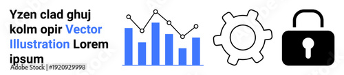 Business analysis, cybersecurity, system maintenance, data tracking, encryption, online security. Bar chart, gear and padlock in a business concept. Data analytics and cybersecurity illustration