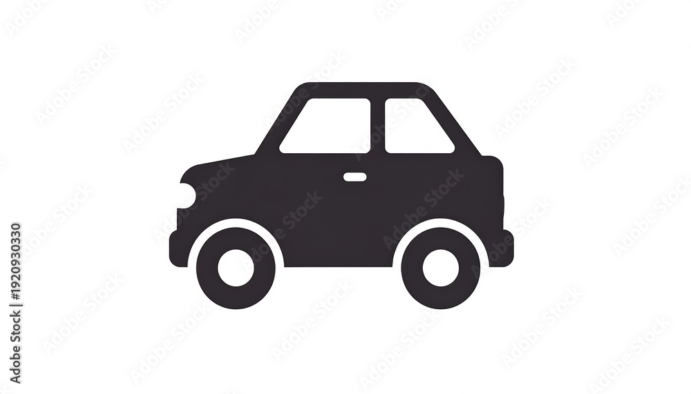 Naklejka premium Simplified, dark gray silhouette of a compact vehicle with round wheels, windows, and headlights against a white background