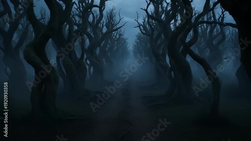 Eerie Dark Forest Path Encased in a Mist with Twisted Tree Limbs