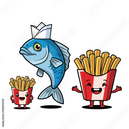 Cartoon fish and french fries characters.