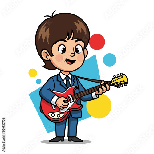 Cartoon illustration of a boy playing guitar.