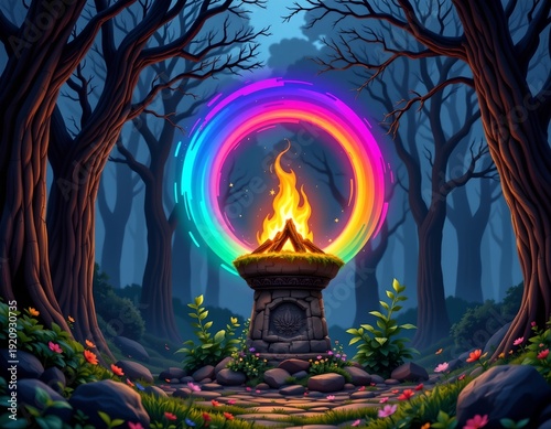 Enchanted Forest Twilight with Glowing Bonfire and Mystic Ring