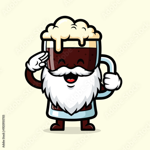 Jolly Beer Mug Mascot with Santa Beard Saluting. Cartoon Character Illustration of a Foaming Dark Beverage.