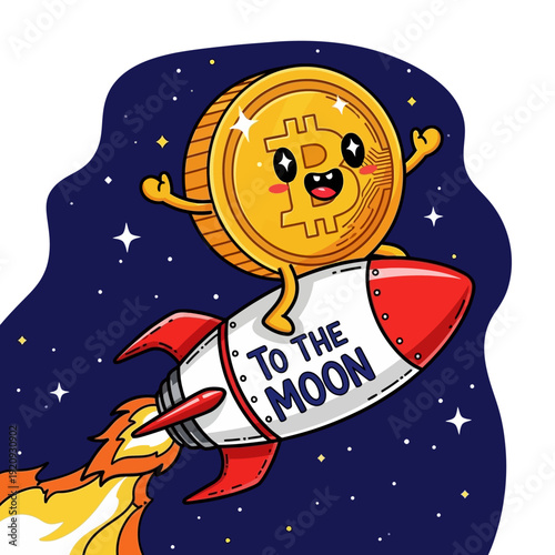 Bitcoin To The Moon Rocket Ride: Cute Crypto Mascot Illustration for Bull Market Growth and Investment Success