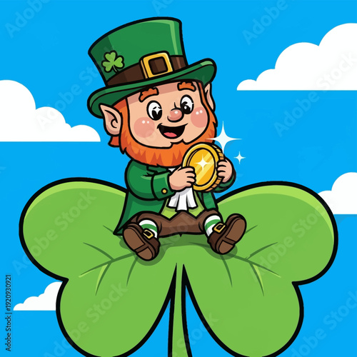 Happy Leprechaun Holding Gold Coin Sitting on Giant Shamrock - St. Patrick's Day Cartoon Mascot Illustration