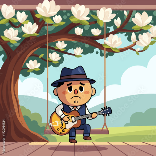 Melancholy Cartoon Musician Playing Acoustic Guitar Outdoors | Cute Chibi Character on a Swing under Spring Blossoms