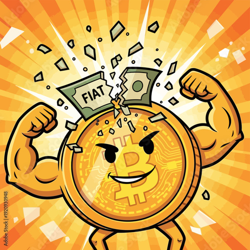 Bitcoin Triumphs Over Fiat Money. Strong Crypto Mascot Illustrates Decentralized Financial Revolution.