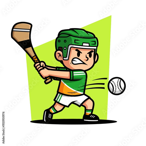 Dynamic Hurling Player Mascot Icon - Cartoon Kid Hitting Sliotar with Hurley Stick. Irish Gaelic Sports Game Vector Illustration.