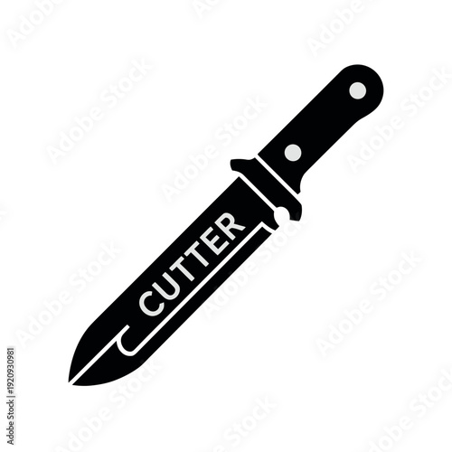 Black silhouette of a utility knife with the word cutter boldly inscribed on the blade.