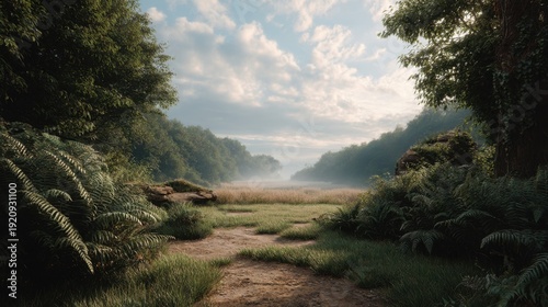 Serene Misty Landscape at Dawn with Lush Greenery and Gentle River Flowing Through a Verdant Valley Under a Soft Blue Sky