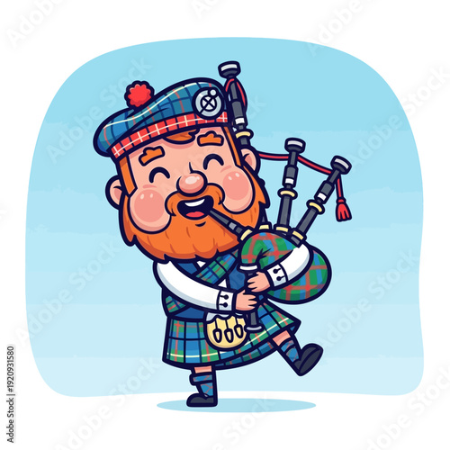 Cheerful Scottish Bagpiper Cartoon Character Playing Traditional Music in Kilt
