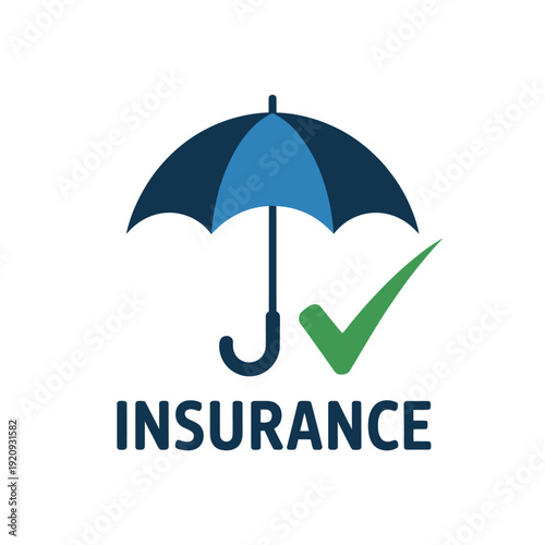 Insurance concept represented by an umbrella protecting a large green checkmark symbol.