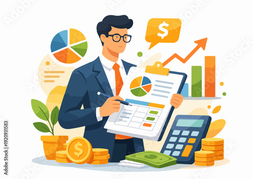 Cartoon businessman illustration using a calculator and laptop in an office to manage money and success for a mobile internet technology concept vector