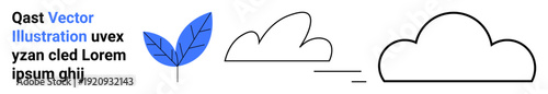 Branding, environment, minimalism, cloud technology, nature, design. A blue leaf with text, two outlined cloud shapes. Branding and environment in simple graphic
