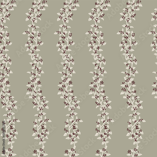 Modern Traditional Vertical Vines of Khaki Beige Leaves and Burgundy Red Berries on a Soft Sage Green Background