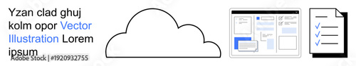 Cloud computing, document management, productivity, organization, workflow, technology. Cloud icon with a digital interface and a checklist document. Cloud computing and document management concept