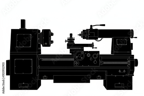 Industrial Lathe: An detailed outline of a heavy-duty industrial lathe, showcasing its robust design and intricate components essential for precision manufacturing processes.