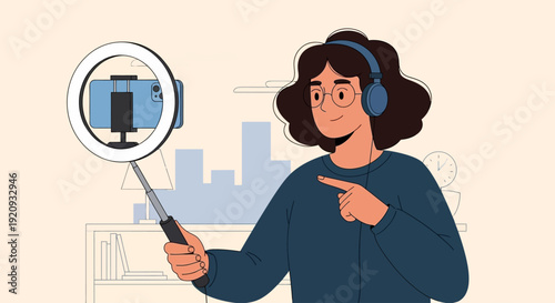 Young Woman Utilizing a Smartphone with Ring Light and Headphones for Digital Content Creation or Live Streaming, Capturing Modern Vlogging and Online Media Engagement