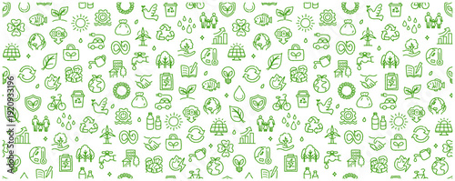 エコ・サステナブル手描きSDGsシームレス背景（グリーンラインアート）