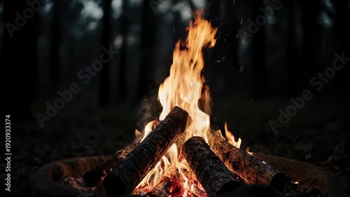 Vibrant bonfire flames dance among logs in a dark forest setting