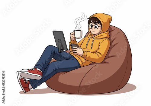 Relaxed person in a yellow hoodie sits in a bean bag, using a digital tablet and sipping a warm drink, illustrating modern comfort and personal leisure time