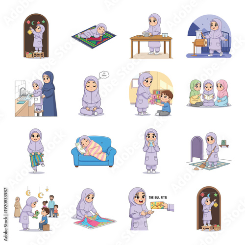 A girl observing Ramadhan traditions, Islamic practices and cultural values, illustration set
