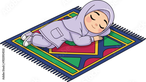 A girl sleeping peacefully on a prayer mat during Ramadhan, serene islamic scene