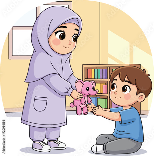 A young girl in hijab sharing a toy with a boy during ramadhan in a peaceful islamic environment