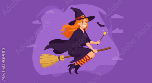 Cute Cartoon Witch Flying on Broom with Magic Wand - Halloween Celebration Vector Illustration