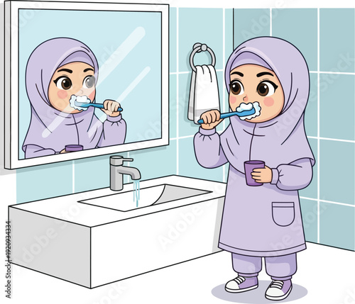 A young muslim girl brushing her teeth during ramadhan morning routine in a bathroom