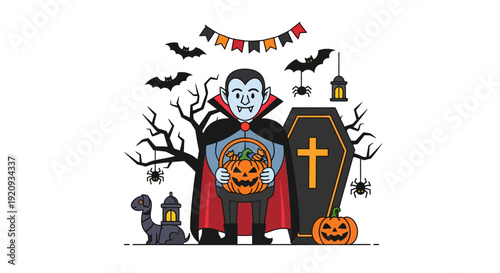Smiling Cartoon Vampire with Pumpkin Candy Basket for Halloween. Festive Spooky Scene with Coffin, Bats, Spiders, Jack-o'-lantern, and Haunted Tree Illustration.