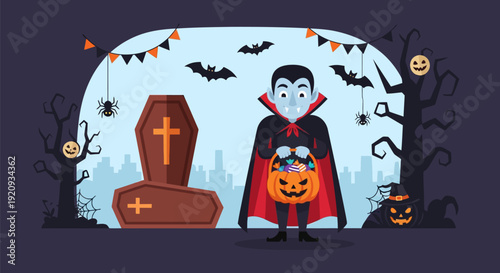 Vampire Trick-or-Treating on Spooky Halloween Night with Candy Pumpkin Basket, Bats, Spiders, Coffins & Jack-o'-Lanterns. Vector Illustration.