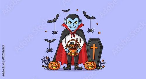 Happy Cartoon Vampire Holds Pumpkin Candy Basket with Halloween Bats, Spiders, Coffin, and Pumpkins on Purple