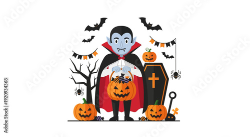 Cheerful Cartoon Vampire with Trick-or-Treat Pumpkin Basket Surrounded by Halloween Decorations - Jack-o'-Lanterns, Bats, Spiders, and Coffin